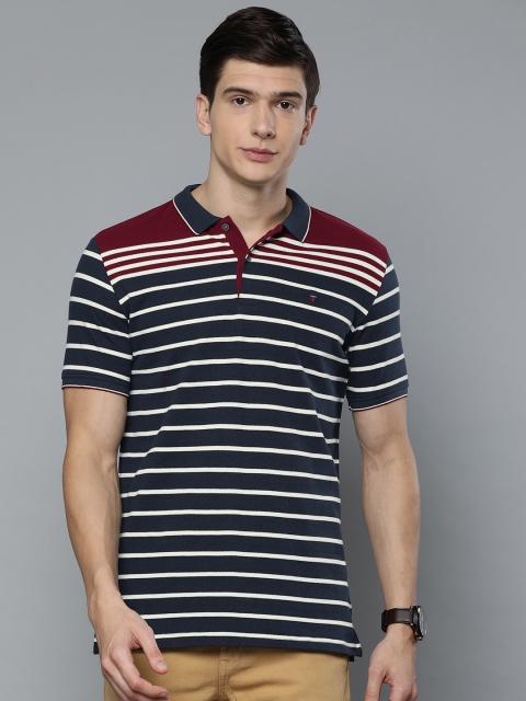 

Louis Philippe Sport Men Navy Blue White Slim Fit Striped Polo Collar Pure Cotton T-shirt