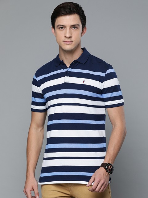 

Louis Philippe Sport Men Navy Blue & White Slim Fit Striped Polo Collar T-shirt