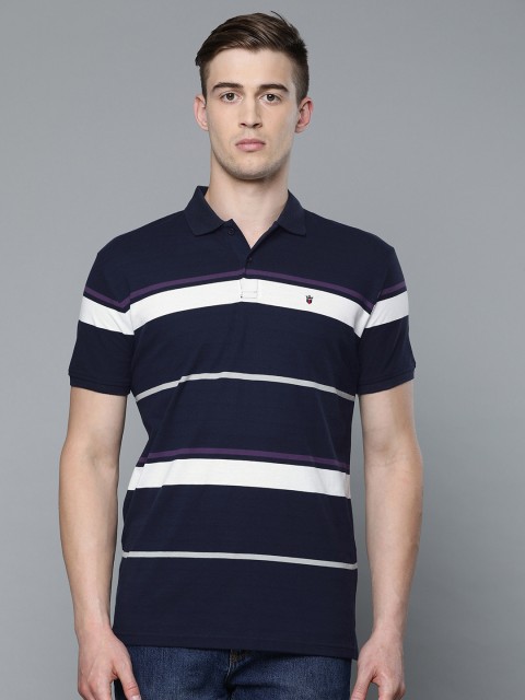 

Louis Philippe Sport Men Navy Blue Striped Slim Fit Polo Collar T-shirt