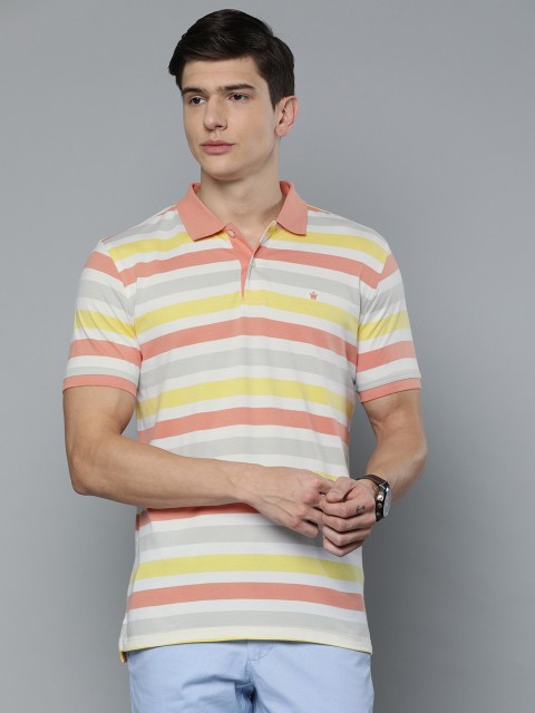 

Louis Philippe Golf Leisure Men Pink & Yellow Striped Polo Collar T-shirt