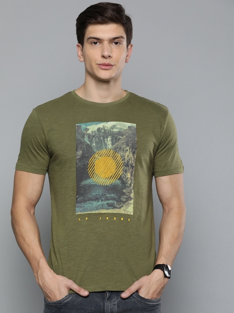 

Louis Philippe Jeans Men Olive Green Slim Fit Printed Pure Cotton T-shirt with Embroidered Detail