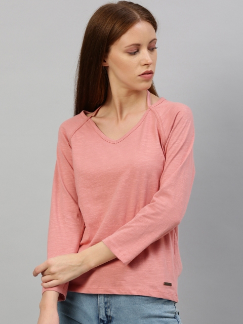 

The Roadster Lifestyle Co Women Pink Solid Pure Cotton Top