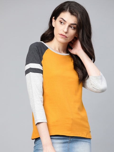

Roadster Women Mustard Yellow Solid Round Neck T-shirt