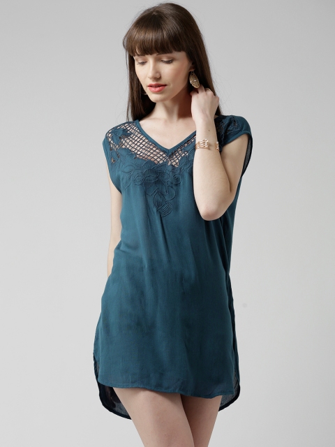 

FOREVER 21 Teal Blue Embroidered Shift Dress