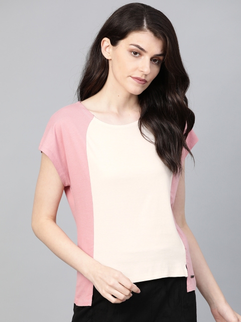 

Roadster Women Pink Colourblocked Round Neck High-Low T-shirt