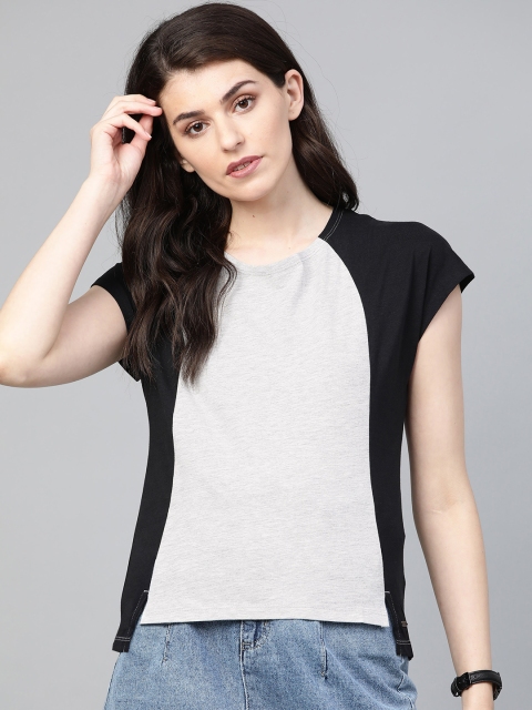 

Roadster Women Grey Melange & Black Colourblocked Round Neck High-Low T-shirt