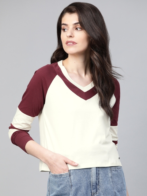 

Roadster Women White Solid V-Neck Raglan Sleeves T-shirt