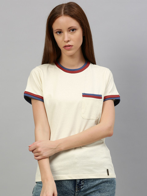

Roadster Women Off-White Solid Round Neck Pure Cotton T-shirt