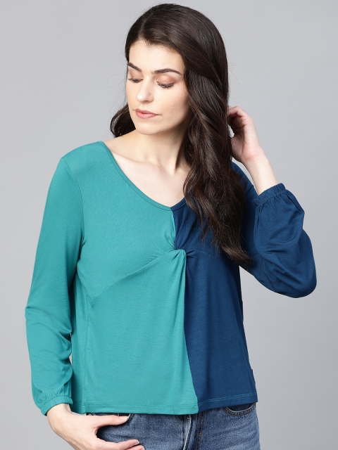 

Roadster Women Sea Green & Navy Blue Twisted Colourblocked Top