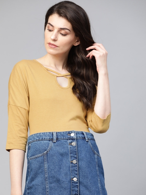

Roadster Women Mustard Yellow Criss-Cross Neck Solid Top