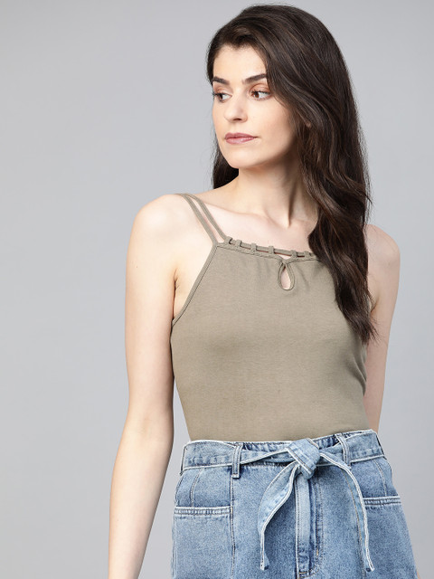 

Roadster Women Olive Green Solid Fitted Top