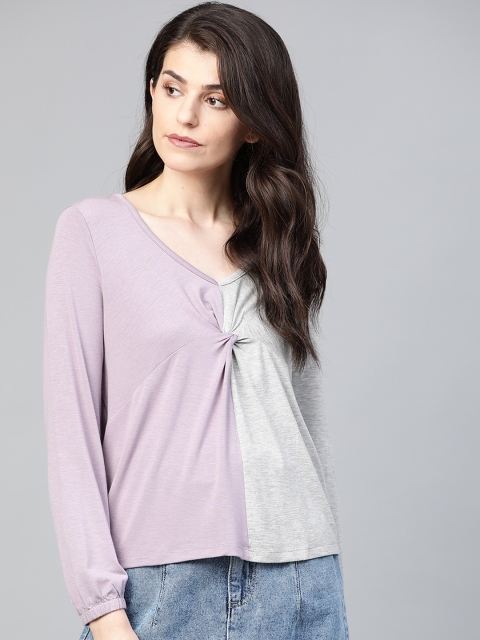 

Roadster Women Purple & Grey Melange Colourblocked Top