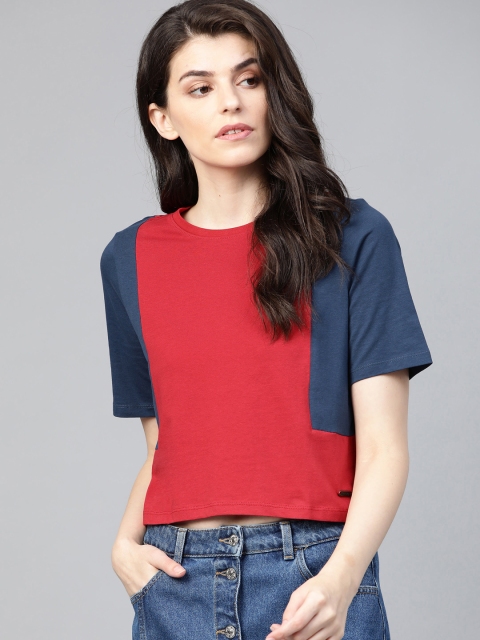 

Roadster Women Red & Navy Colourblocked Round Neck Cropped T-shirt