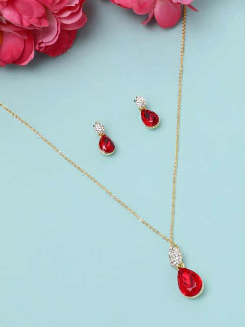 

Rubans Gold-Toned & White Stone-Studded Handcrafted Pendant With Earrings