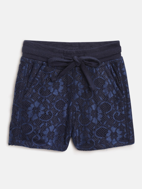

612 league Girls Navy Blue Floral Lace Regular Fit Shorts