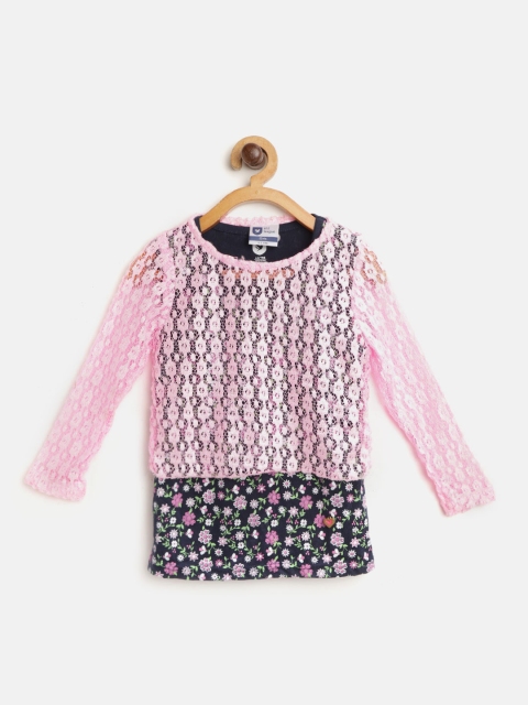 

612 league Girls Pink & Navy Lace & Printed Layered Top