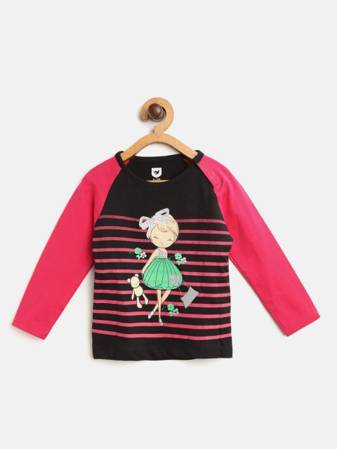 

612 league Girls Black & Pink Striped & Printed Round Neck T-shirt