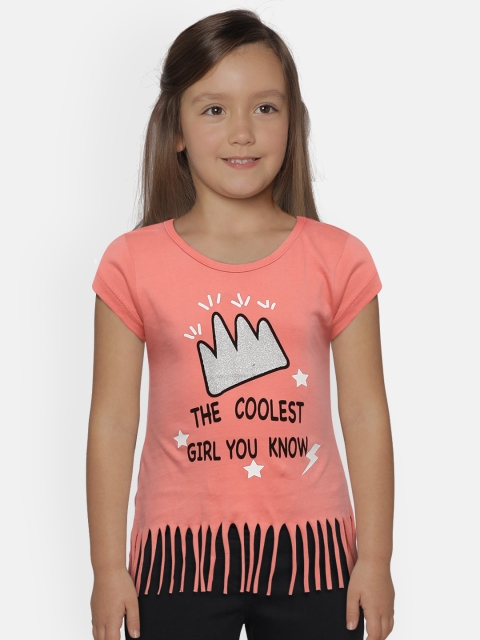 

612 league Girls Coral Pink Printed Fringed Pure Cotton Top