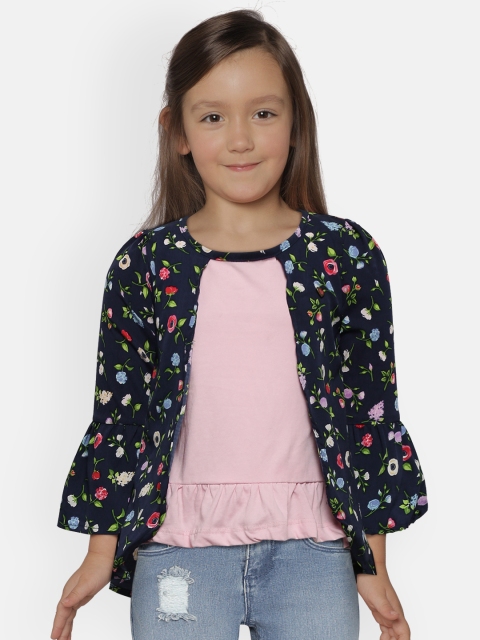 

612 league Girls Navy Blue & Pink Floral Print Layered A-Line Top