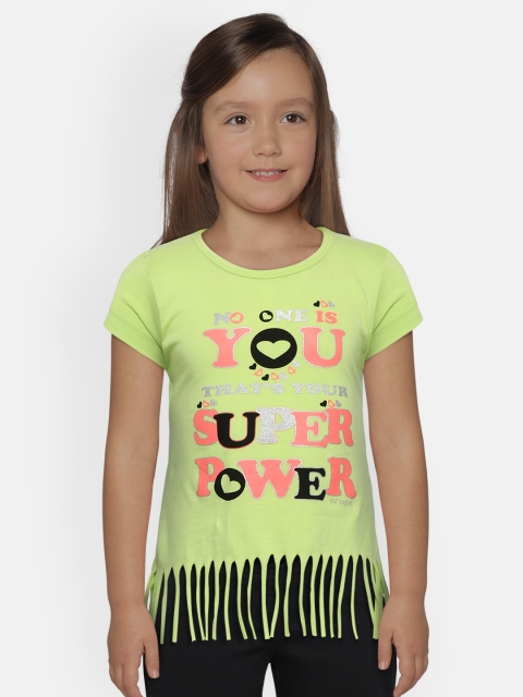 

612 league Girls Fluorescent Green & Pink Printed Fringed Pure Cotton Top