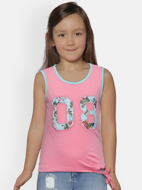 

612 league Girls Pink & Blue Floral Print Styled Back Pure Cotton Top with Tie-Up