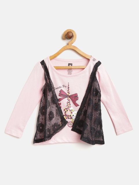 

612 league Girls Pink & Black Printed Layered Pure Cotton Top