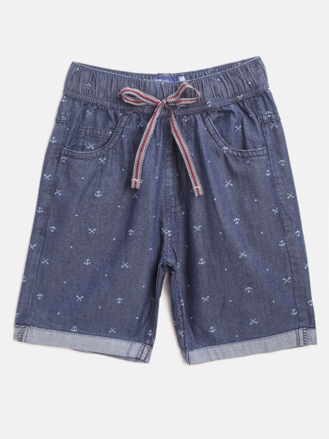 

612 league Boys Navy Blue Printed Regular Fit Chambray Shorts