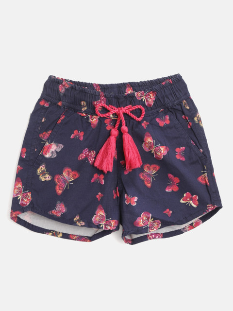 

612 league Girls Navy Blue & Coral Pink Butterfly Print Regular Fit Shorts