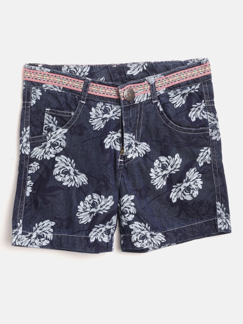 

612 league Girls Navy Blue Floral Print Regular Fit Chambray Shorts