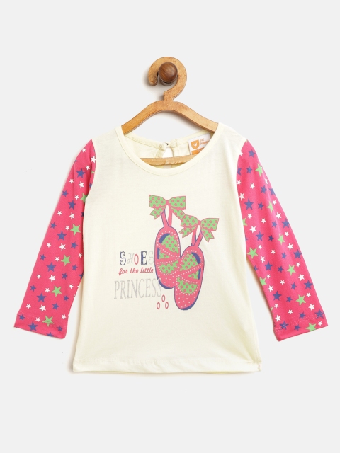 

612 league Girls Off-White & Pink Printed Pure Cotton Top
