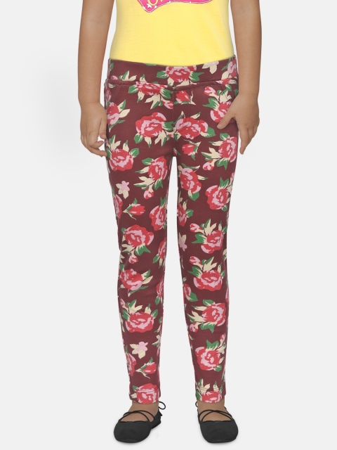 

612 league Girls Burgundy & Pink Floral Print Treggings