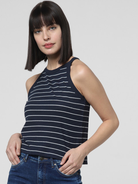 

Vero Moda Women Navy Blue & White Striped Ribbed Top
