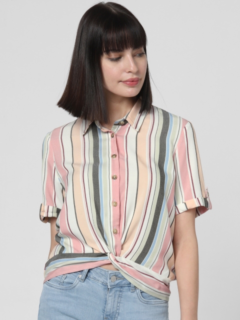 

Vero Moda Women White & Pink Slim Fit Striped Casual Shirt With Twisted Detail