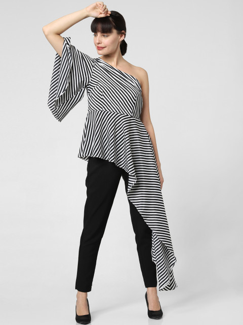 

Vero Moda Women White & Black Striped Regular Top