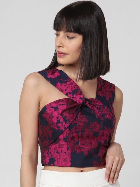 

Vero Moda Women Navy Blue & Pink Woven Design Crop Top