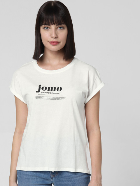 

Vero Moda Women White Printed Round Neck Pure Cotton T-shirt
