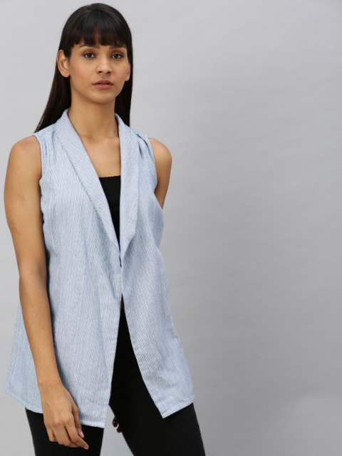 

Vero Moda Women Blue & White Self-Striped Tailored Jacket