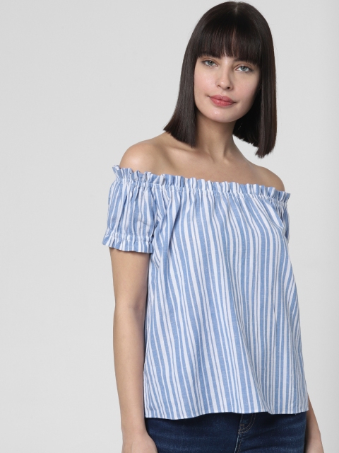 

Vero Moda Women Blue & White Striped Bardot Top With Ruffle Detail
