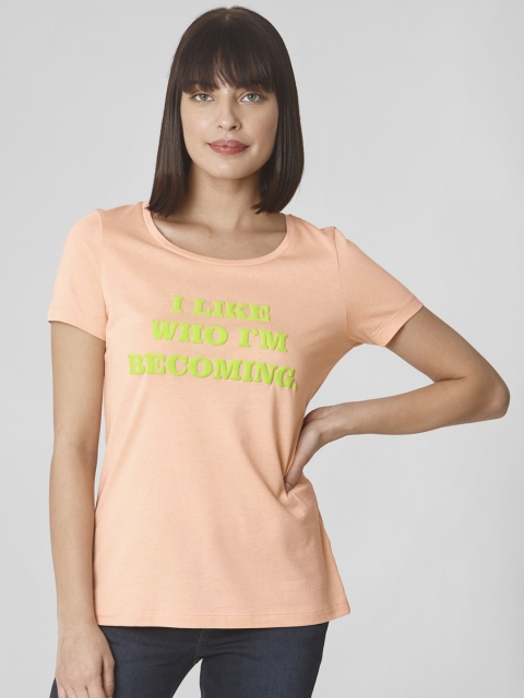 

Vero Moda Women Peach-Coloured Self Design Round Neck T-shirt