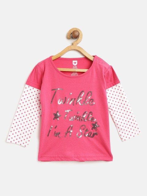 

612 league Girls Pink & White Printed Round Neck T-shirt