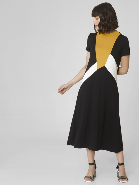 

Vero Moda Women Black & Mustard Yellow Colourblocked A-Line Dress
