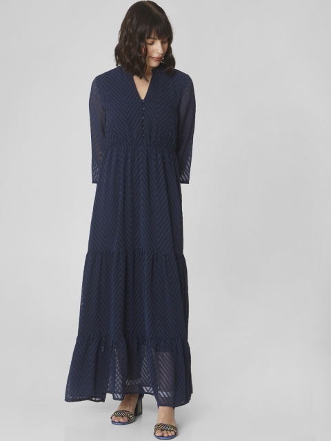 

Vero Moda Women Navy Blue Self Design Maxi Dress With Gathered Detail