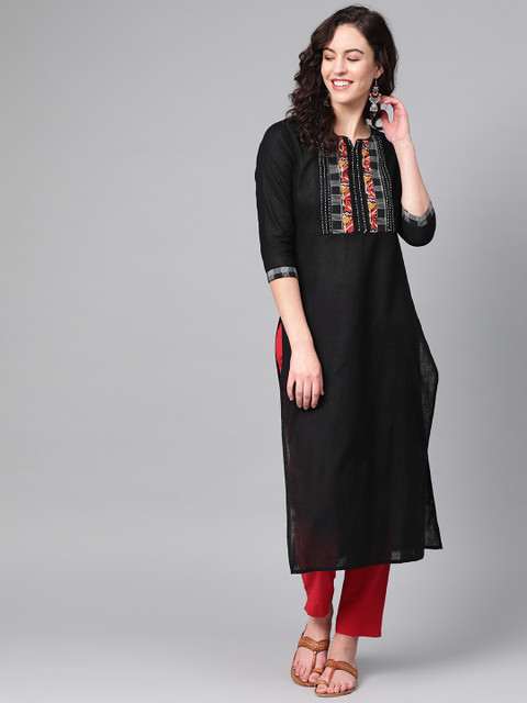

KSUT Women Black Yoke Design Straight Kurta