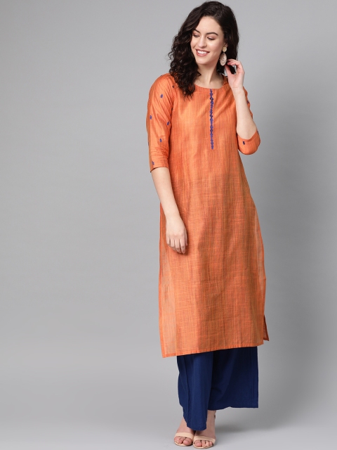 

KSUT Women Orange Solid Straight Kurta