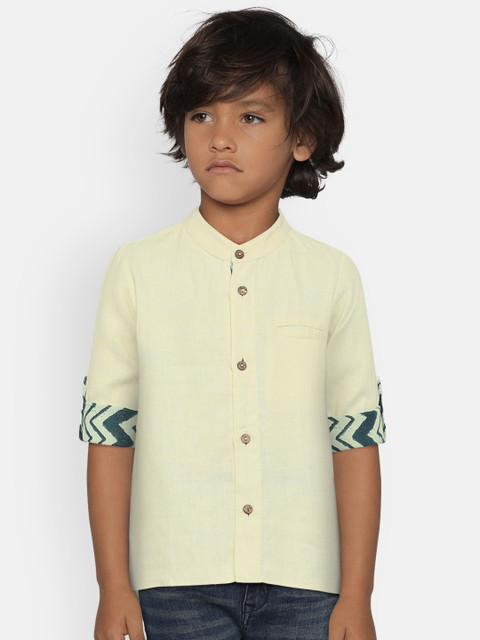 

LIZ JACOB Boys Yellow Regular Fit Solid Casual Linen Shirt