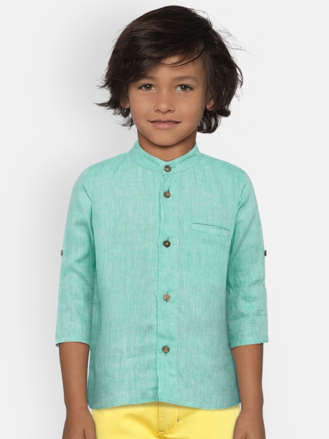 

LIZ JACOB Boys Turquoise Blue Regular Fit Solid Casual Linen Shirt