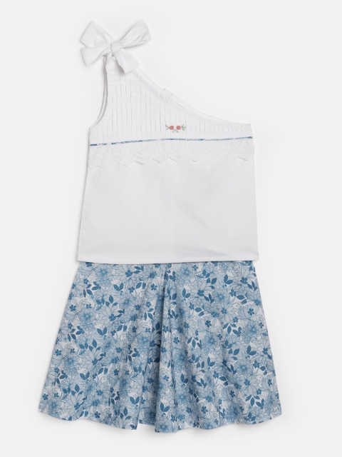 

LIZ JACOB Girls White & Blue Self Design Top with Skirt
