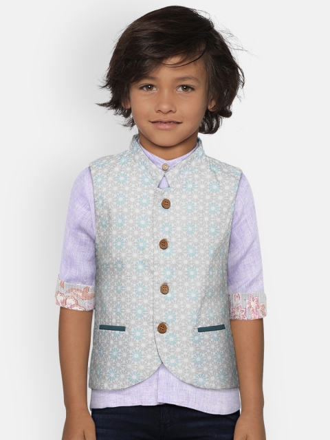 

LIZ JACOB Boys White & Grey Printed Pure Cotton Nehru Jacket
