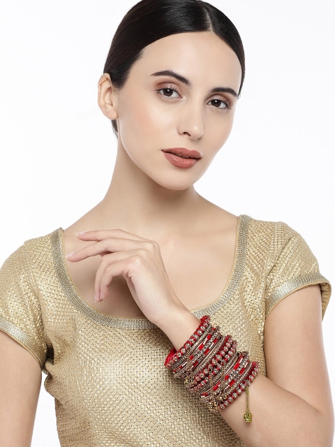 

Peora Set of 14 Gold-Plated & Red Velvet Handcrafted Bangles