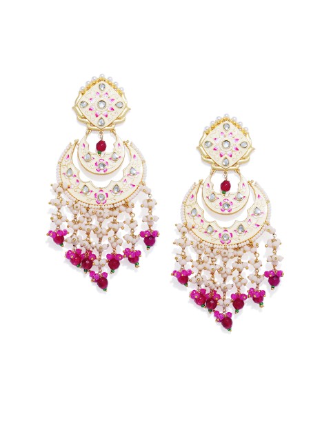 

Peora Gold-Plated & Cream-Coloured Enamelled Meenakari Crescent Shaped Chandbalis